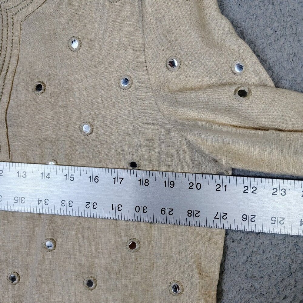 Michael Kors Top Women's Large Tan 100% Linen Sequence Mirror Work Tunic Coastal - Picture 9 of 12